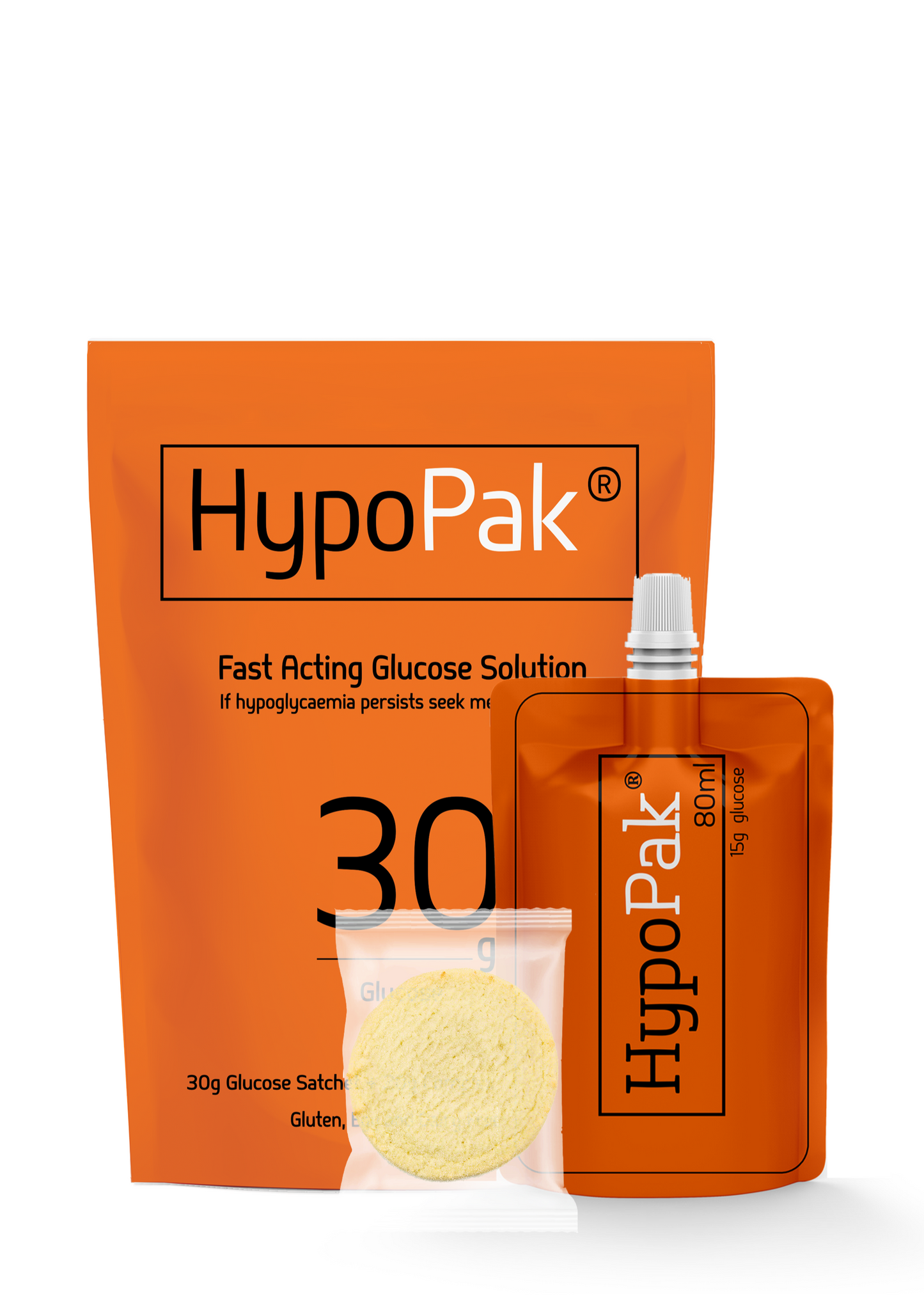 HypoPak 30 gram glucose kit. With Gluten, dairy and egg free vanilla biscuit.
If Hypoglycemia persists seek medical advice