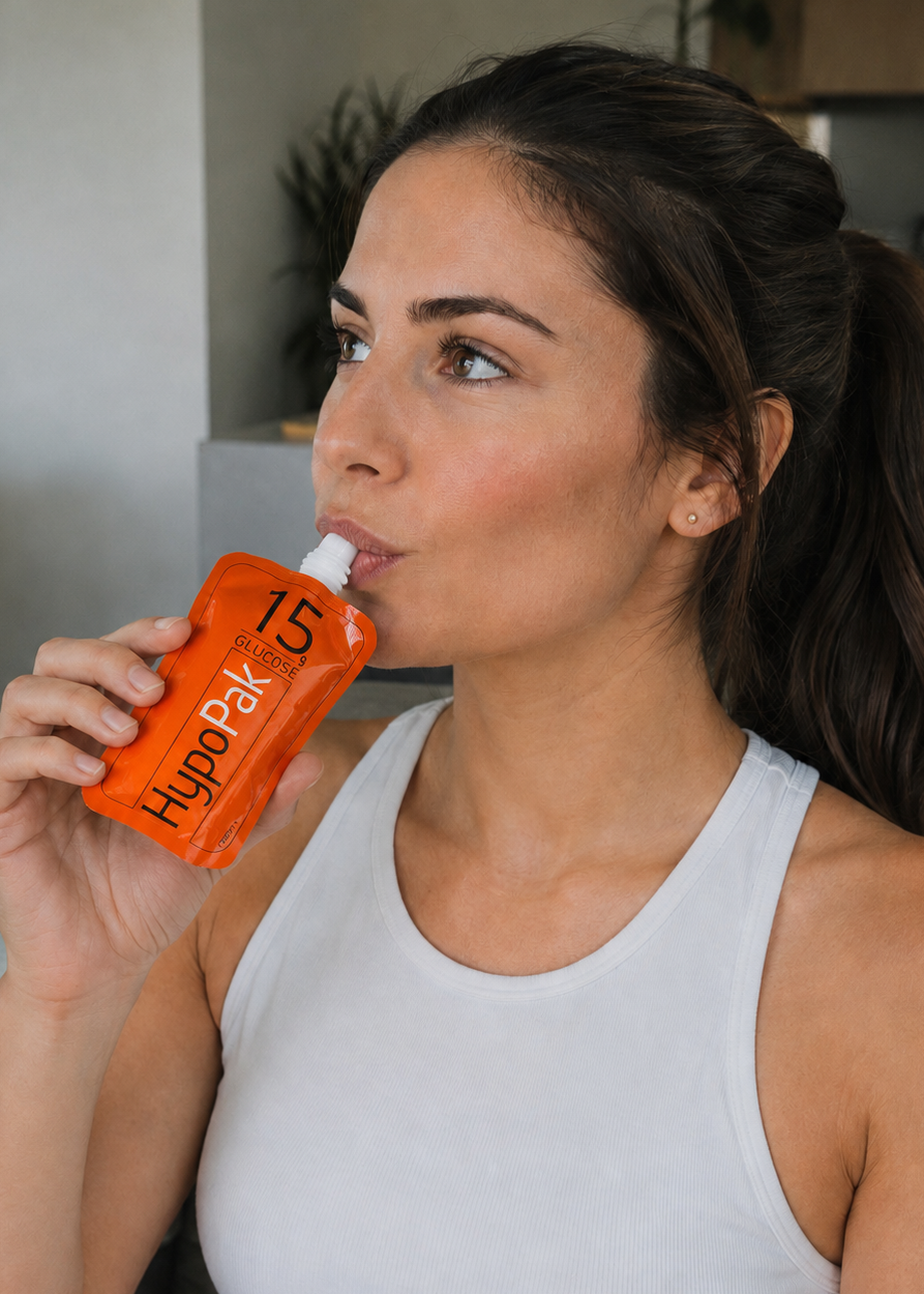 Person drinking a 15g HypoPak Glucose pouch