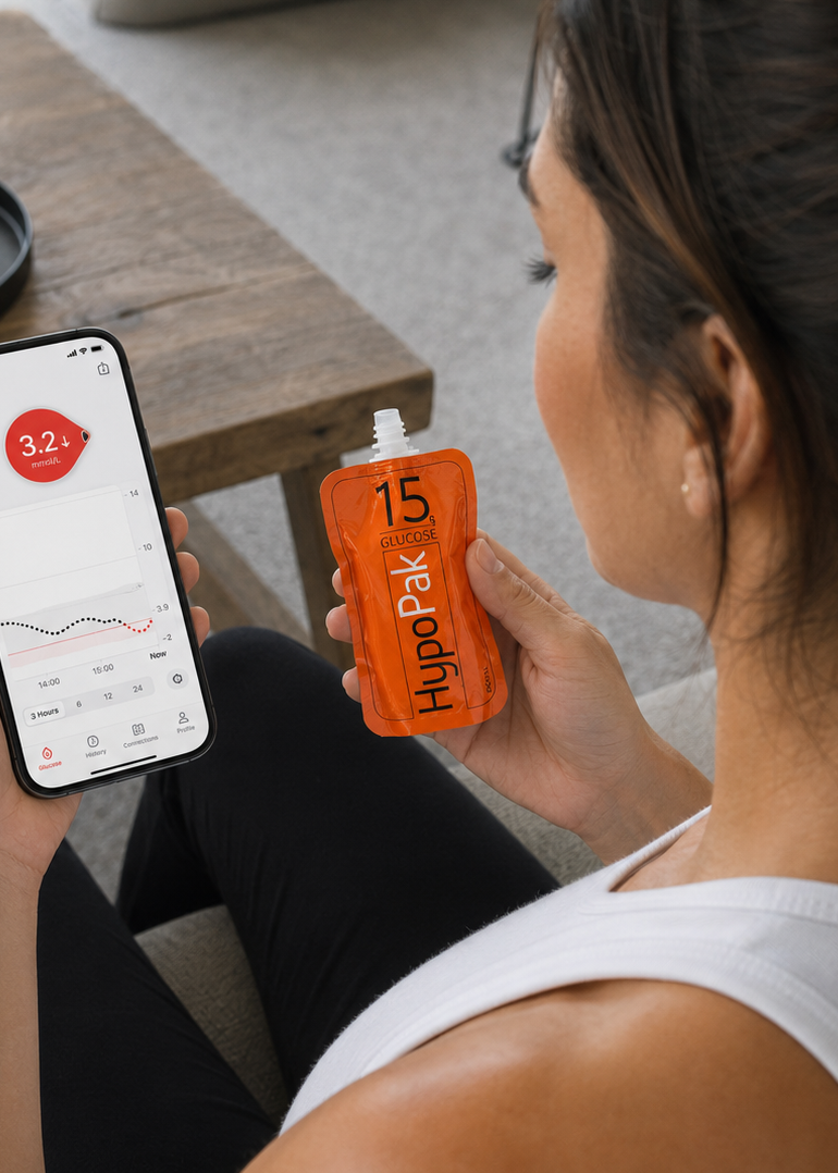 person holding up HypoPak 15g Glucose pouch in their hand. While also checking their blood glucose level on their phone sensor app 