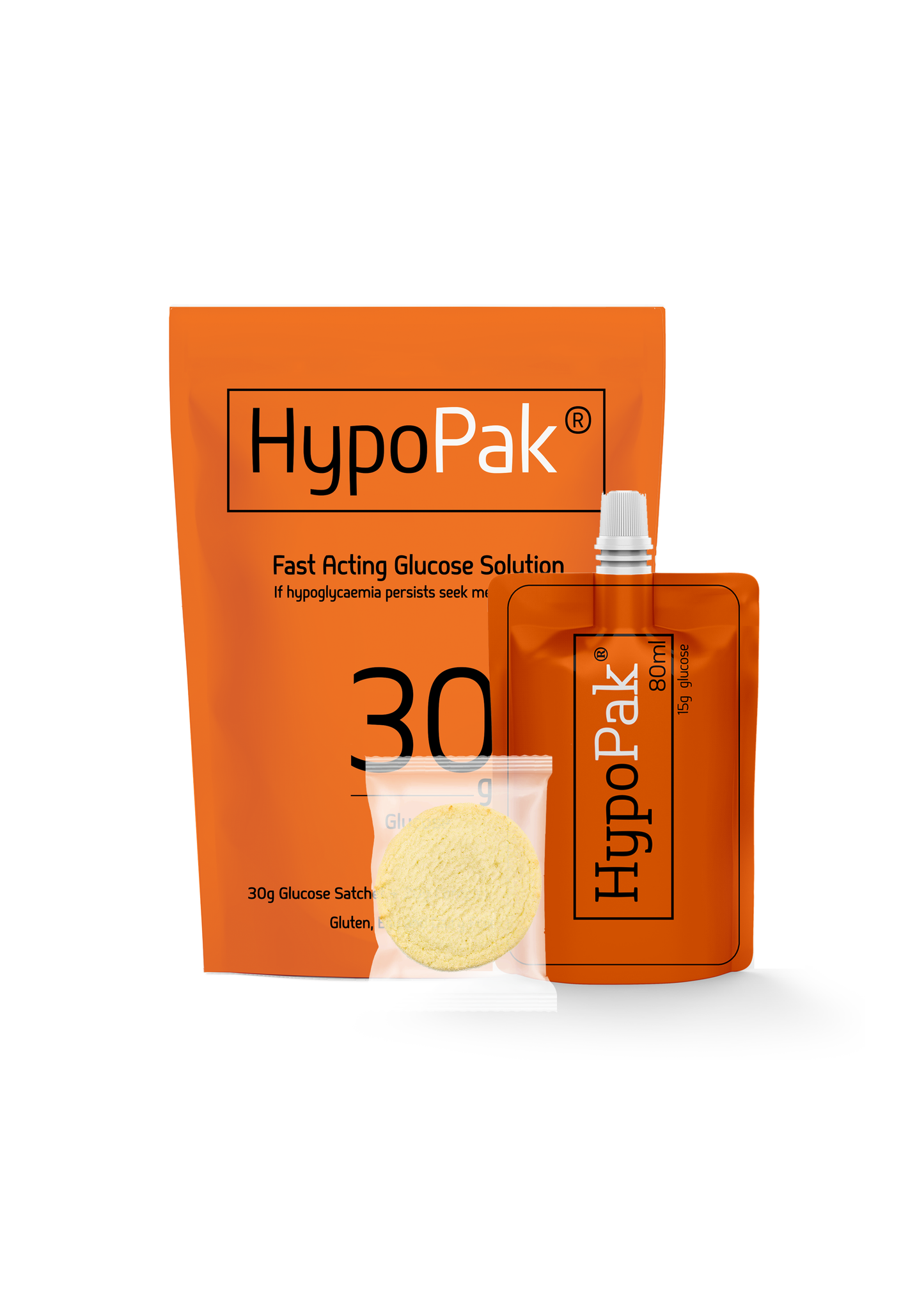 HypoPak 30 gram glucose kit. With Gluten, dairy and egg free vanilla biscuit. 
If Hypoglycemia persists seek medical advice 