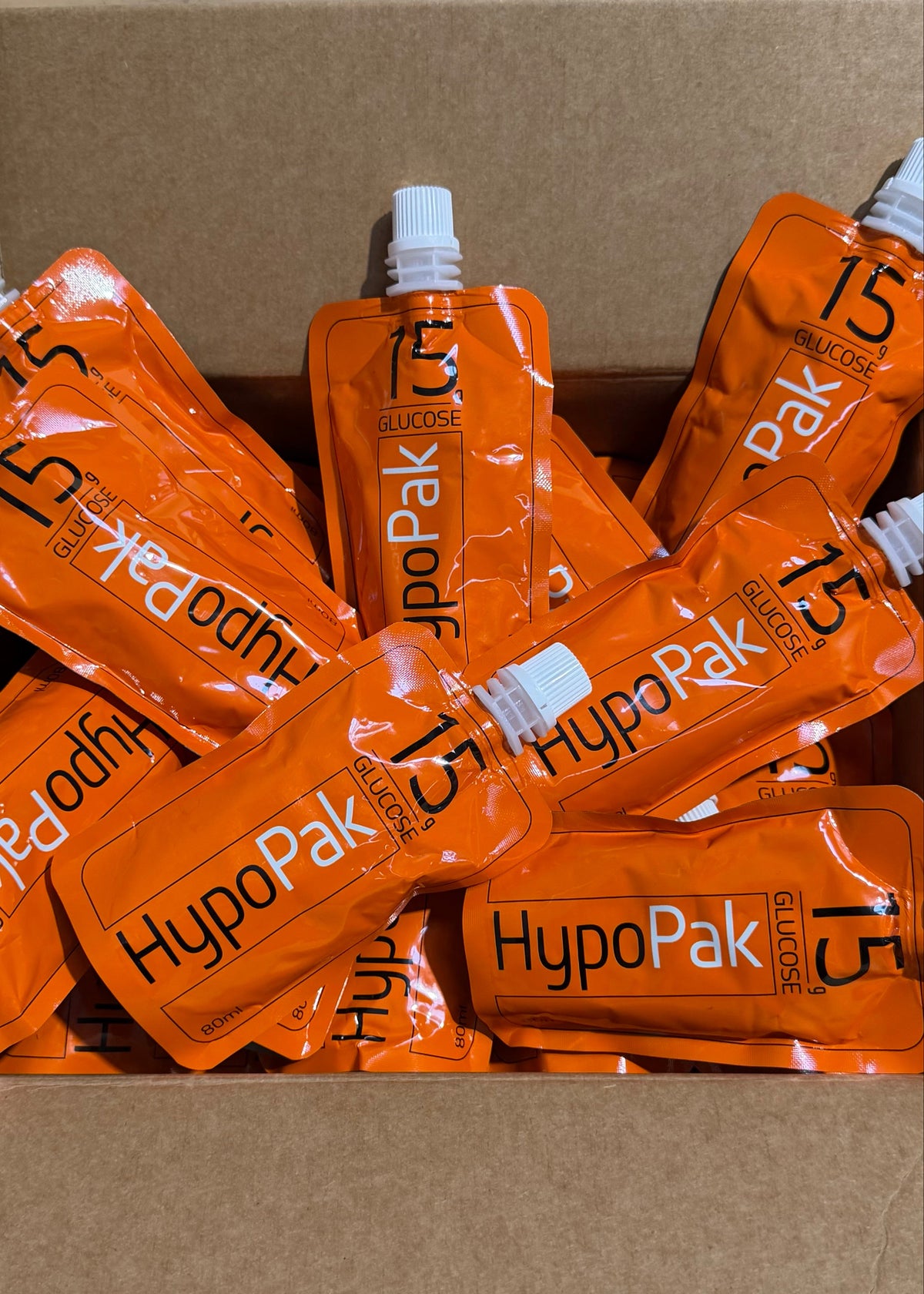 Multiple HypoPak 15g Glucose pouches in a box of 50
