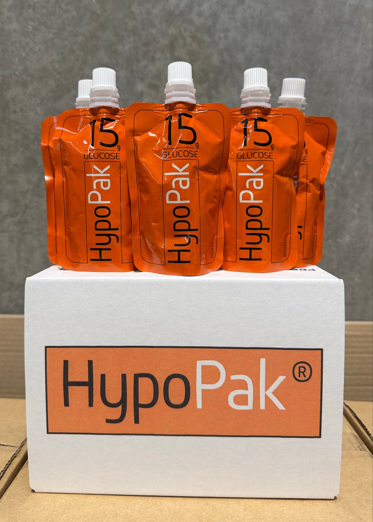 HypoPak 15g Glucose pouches sitting on top of a box